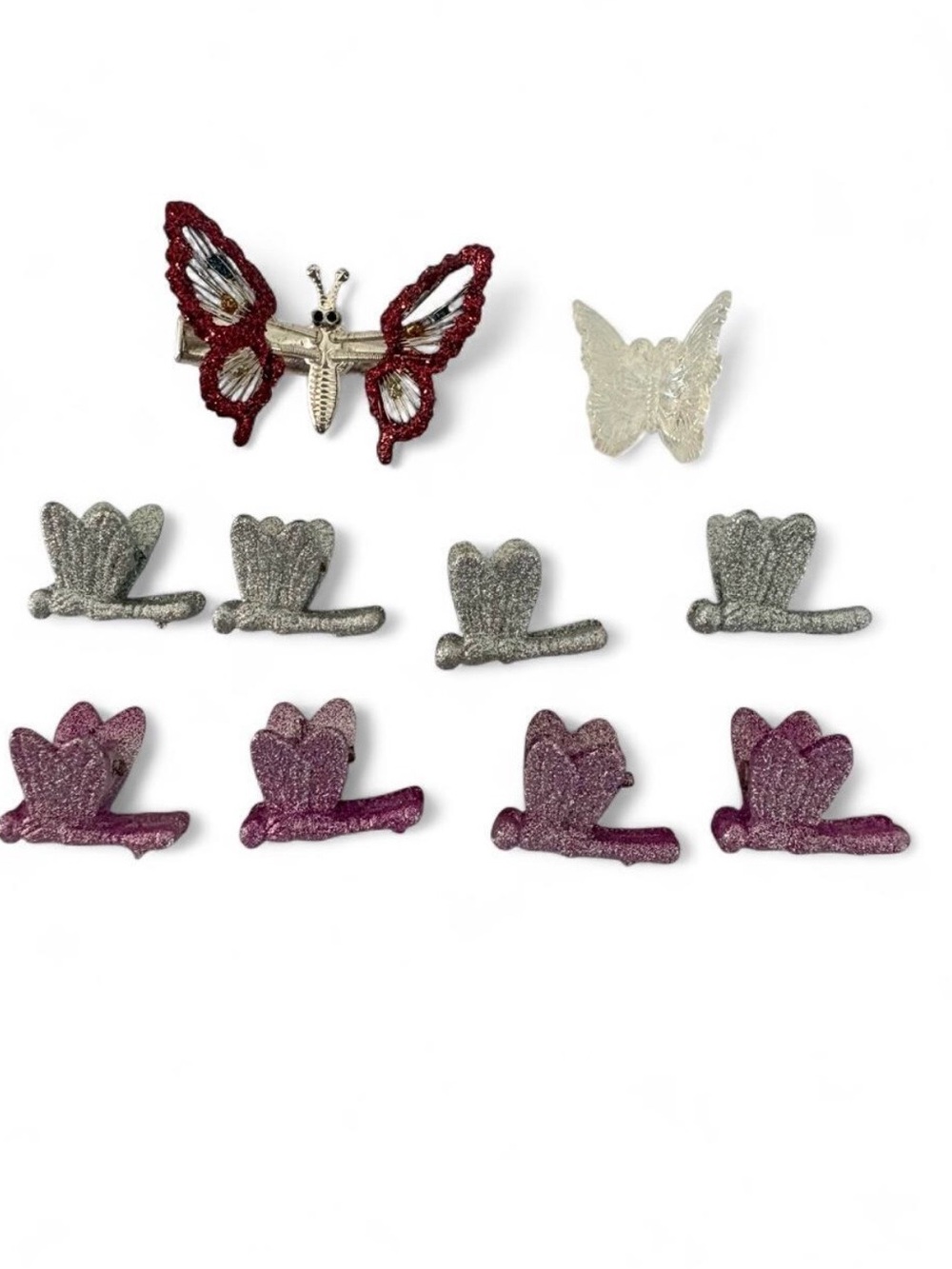 American Vintage Glitter Butterfly Clip Set - Red, Silver, Pink